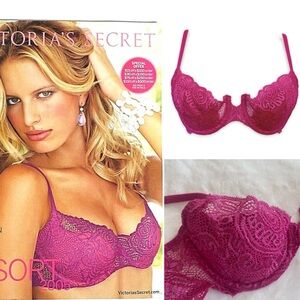 Y2K Victoria's Secret Iconic 2005 Lace Pink Vintage Balconette Sparkle Bra 34C